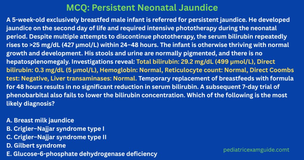 Crigler-Najjar syndrome type I pediatric MCQ with answer options