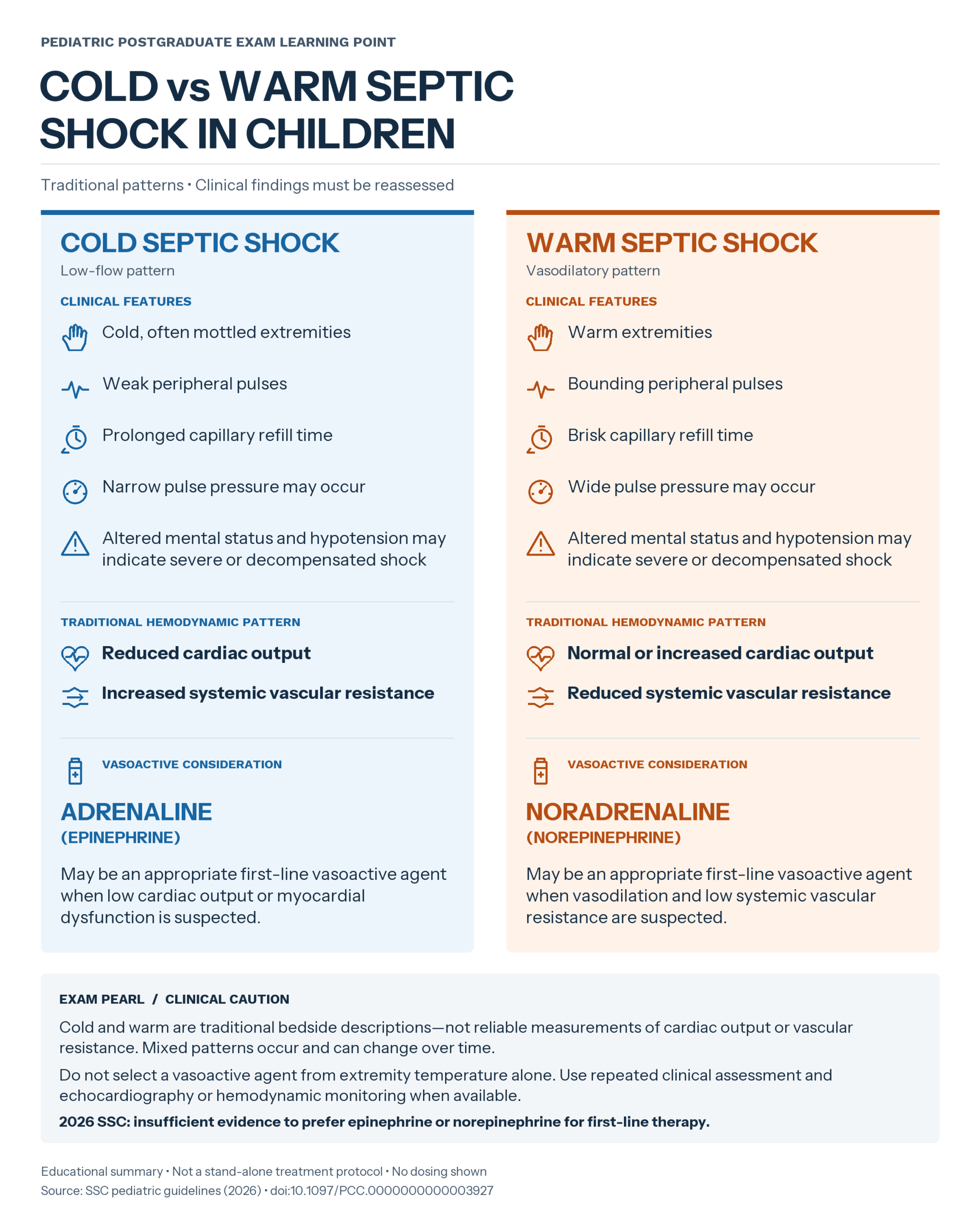 Septic shock infographic comparing cold and warm septic shock in children, clinical features, hemodynamic patterns, and vasoactive agents.