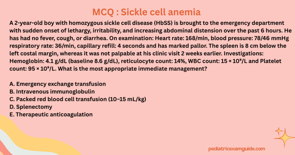 Sickle cell disease multiple-choice question card evaluating immediate management protocols for acute splenic sequestration crisis for pediatric board exams.