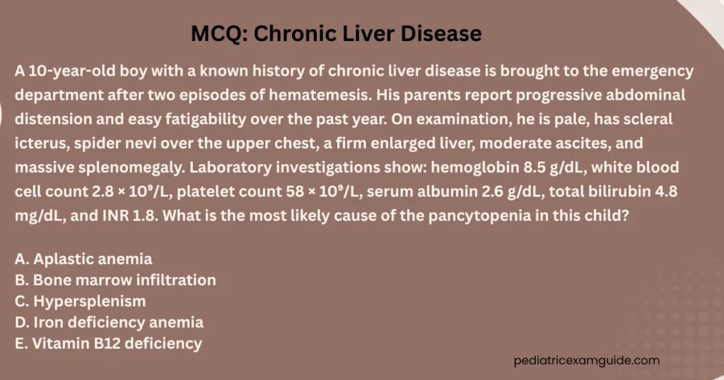 Pediatric board exam multiple-choice question slide evaluating the mechanisms and causes of pancytopenia in patients with chronic liver disease.