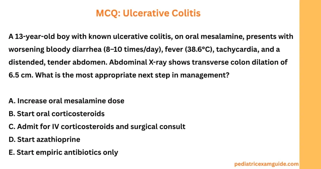 Postgraduate-level MCQ on the management of severe ulcerative colitis in a child