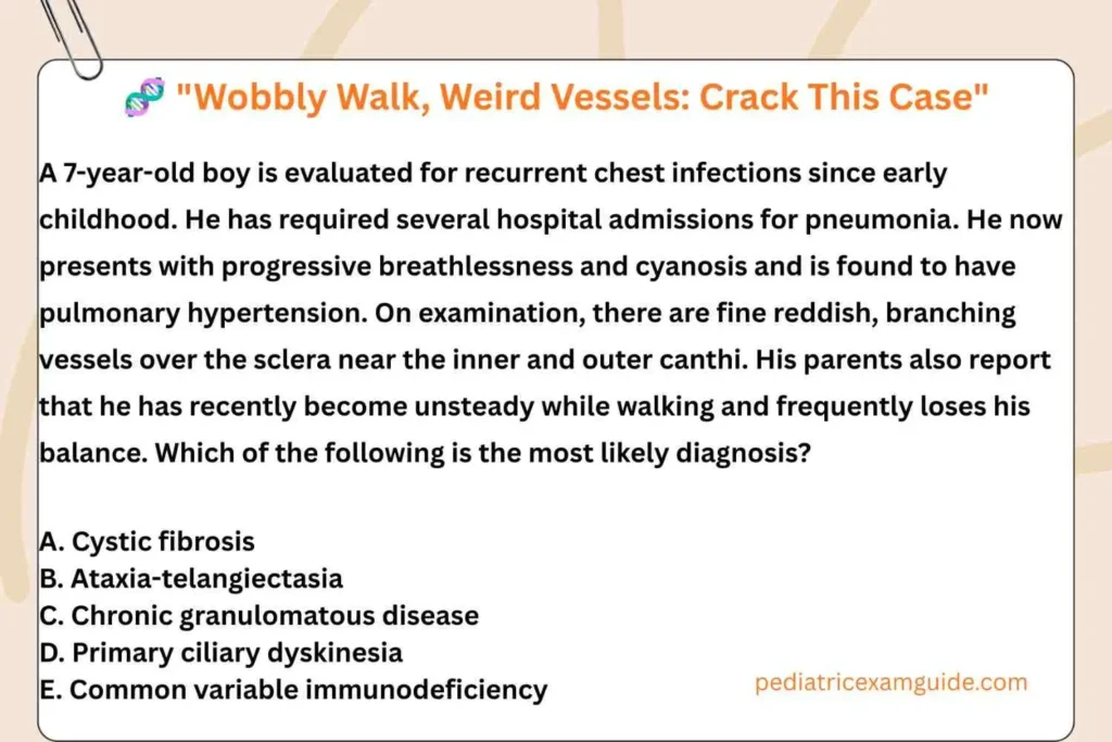 Pediatric board exam multiple-choice question card evaluating clinical signs of ataxia-telangiectasia and primary immunodeficiencies.