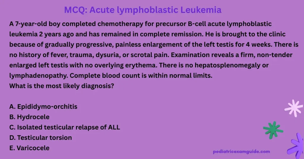 Pediatric board exam multiple-choice question slide evaluating clinical signs of isolated testicular relapse in acute lymphoblastic leukemia.