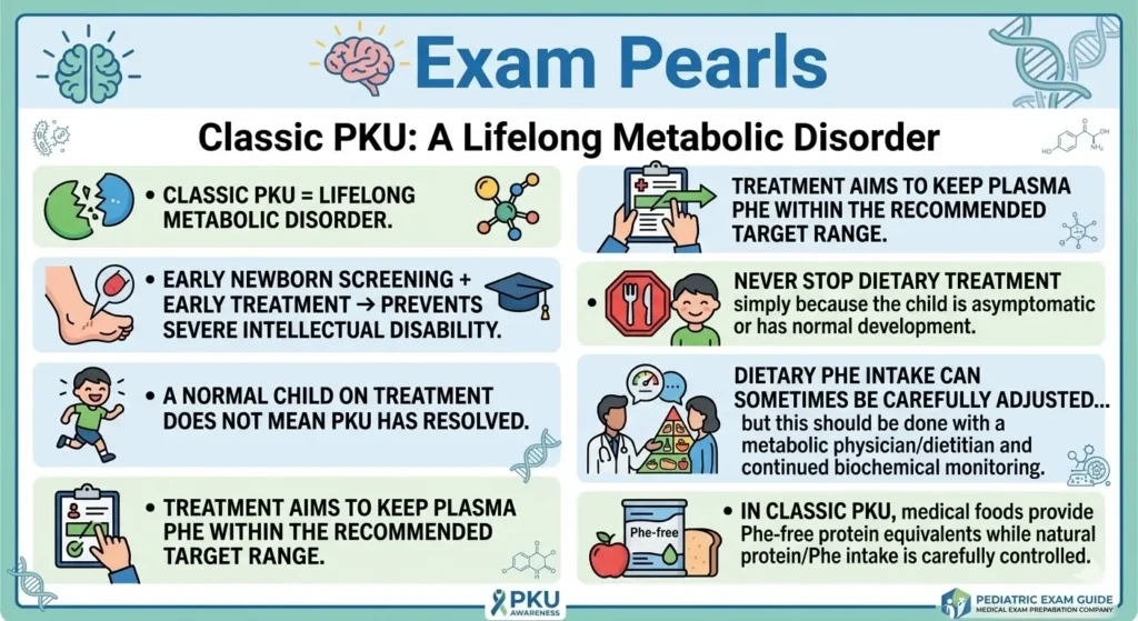 Infographic outlining classic PKU management principles including early treatment to prevent intellectual disability and maintaining a strict phenylalanine-restricted diet.
