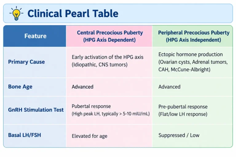 Clinical pearl table: central vs peripheral precocious puberty