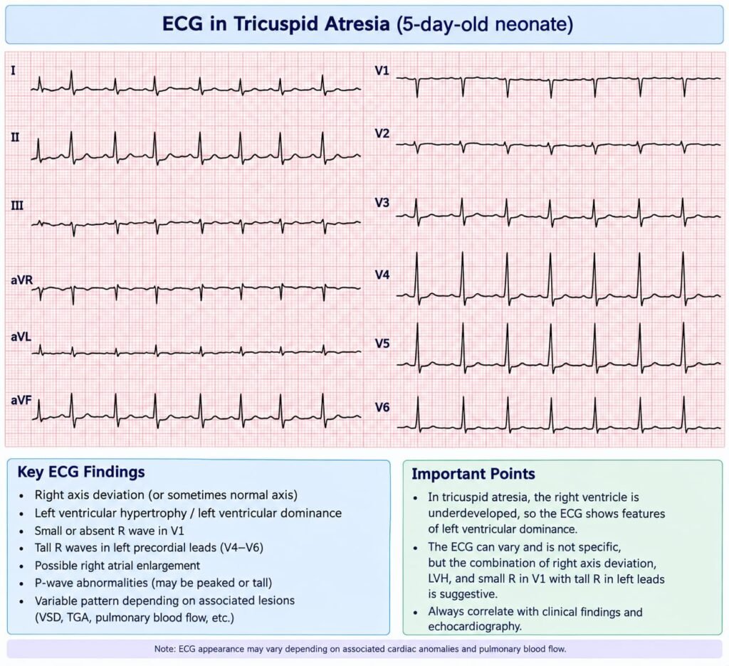 Tricuspid atresia MCQ illustrating congenital heart anatomy, cyanosis, and reduced pulmonary blood flow in a neonate.