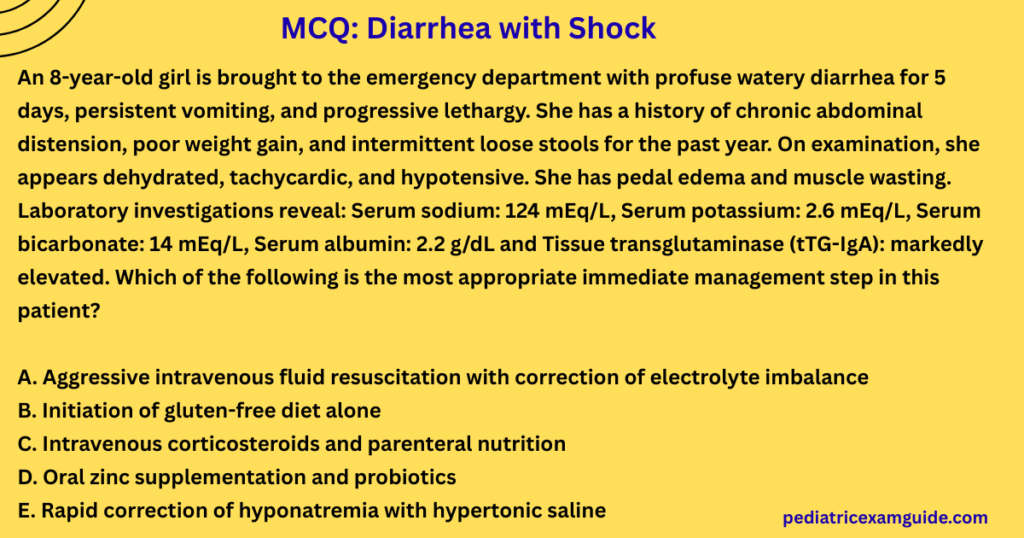 Celiac crisis MCQ showing severe gastrointestinal symptoms and metabolic abnormalities in a child