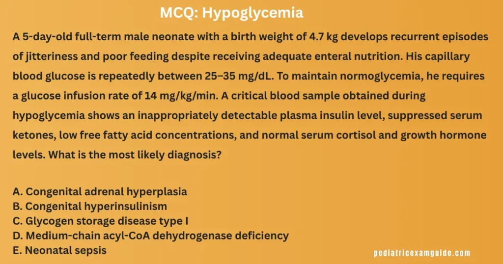 Congenital hyperinsulinism MCQ featuring a macrosomic neonate with persistent hypoglycaemia, high glucose infusion requirements, and suppressed ketones.
