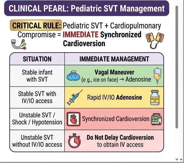 Pediatric SVT management algorithm chart showing immediate treatments including vagal maneuvers, adenosine, and synchronized cardioversion for stable and unstable patients.