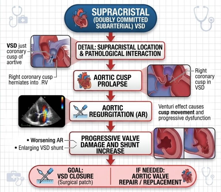 Pediatric board review MCQ diagram showing a ventricular septal defect and aortic regurgitation cascade.
