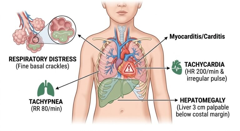 Pediatric cardiology MCQ diagram showing respiratory distress and tachycardia clinical signs.