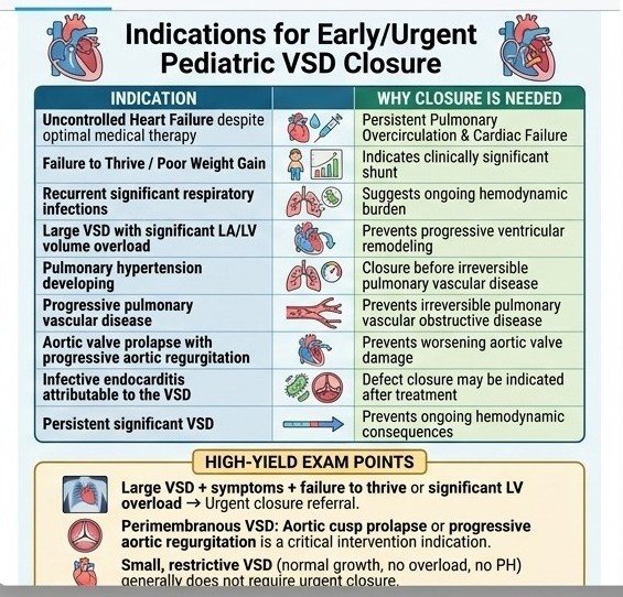 Indications for early or urgent ventricular septal defect closure algorithm table for exam preparation