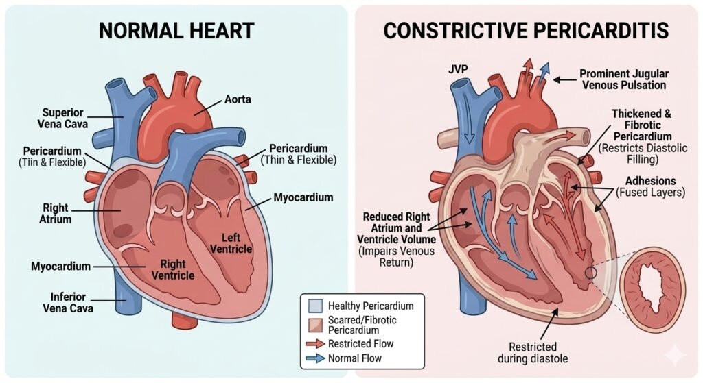 Constrictive Pericarditis vs Normal Heart Diagram