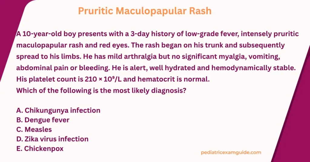 Pediatric board exam multiple-choice question card evaluating differential diagnoses for pediatric viral exanthems presenting with pruritus and conjunctivitis.