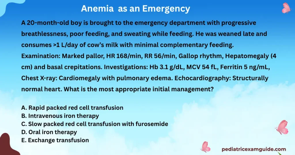 Pediatric board exam multiple-choice question card evaluating emergency blood transfusion protocols for severe anemia complicated by heart failure.