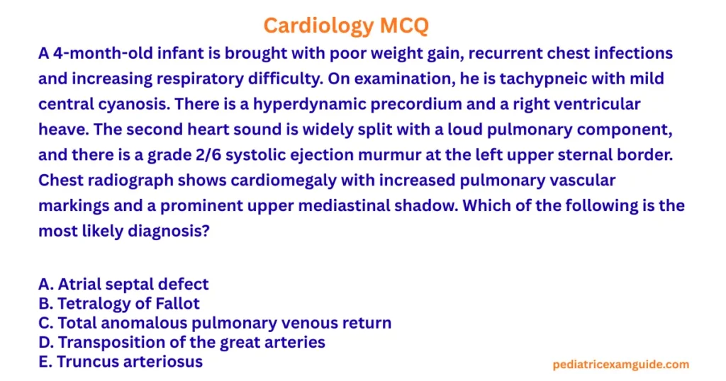 Pediatric board exam multiple-choice question card evaluating differential diagnoses for cyanotic congenital heart disease and prominent upper mediastinal radiological signs.