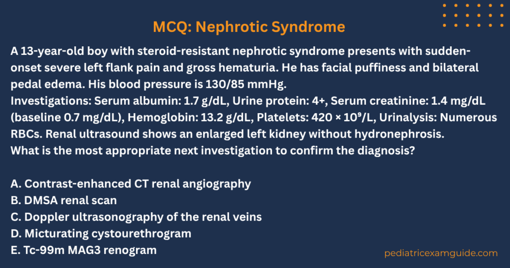 Renal vein thrombosis MCQ in a child with nephrotic syndrome presenting with acute flank pain and gross hematuria