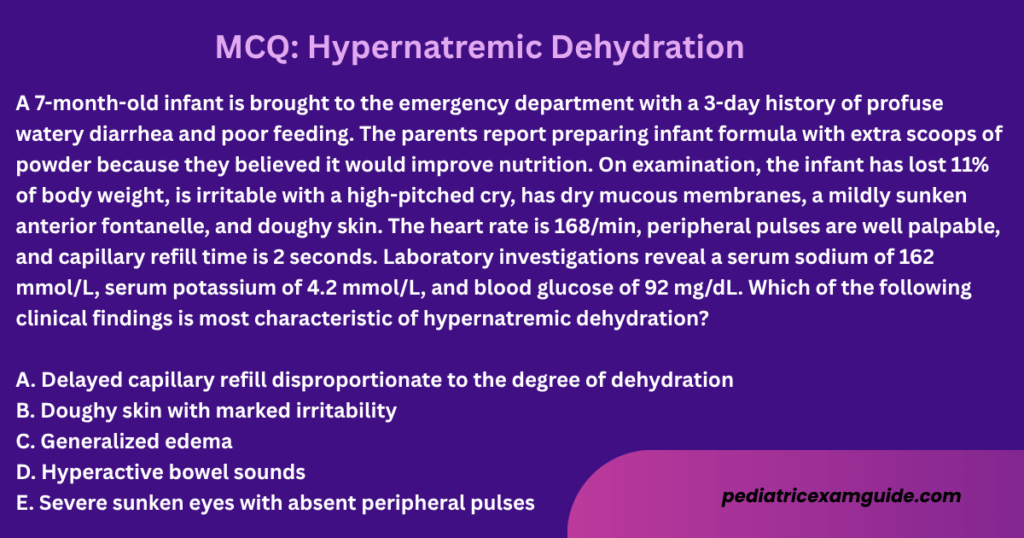 hypernatremic dehydration multiple-choice question card evaluating classic physical signs, formula preparation errors, and fluid management parameters for pediatric board exams.