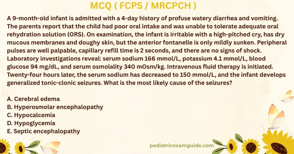 complication of hypernatremic dehydration multiple-choice question card evaluating rapid serum sodium correction rates and cerebral edema risks for pediatric board exams.