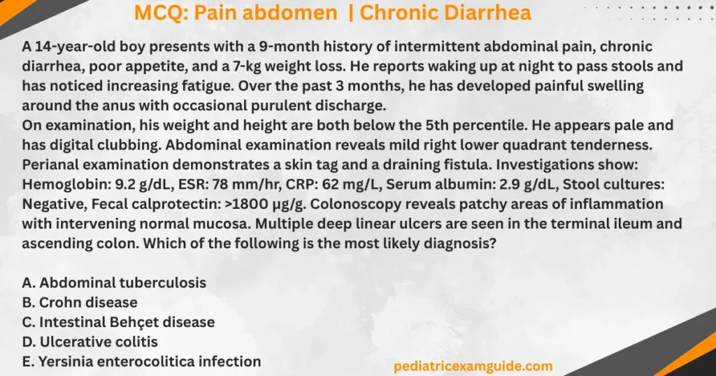 Crohn disease multiple-choice question card evaluating clinical presentations, perianal complications, and colonoscopic findings for pediatric board exams.