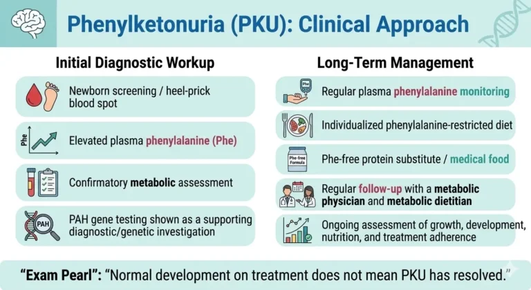 Medical infographic detailing the diagnostic workup and long-term management framework for Phenylketonuria (PKU) pediatric board review.
