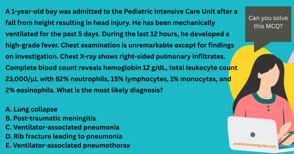 Pediatric board exam multiple-choice question card evaluating diagnostic criteria and clinical features of ventilator-associated pneumonia in a pediatric intensive care unit.
