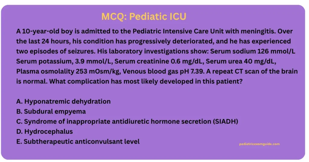 Pediatric board exam multiple-choice question slide evaluating electrolyte complications and fluid balance management in bacterial meningitis.