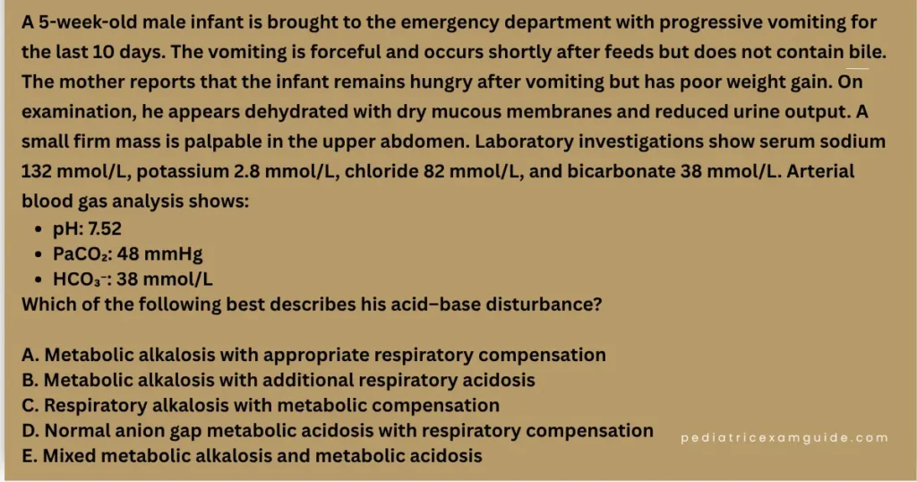 Pyloric stenosis MCQ on metabolic alkalosis for postgraduate pediatric exams