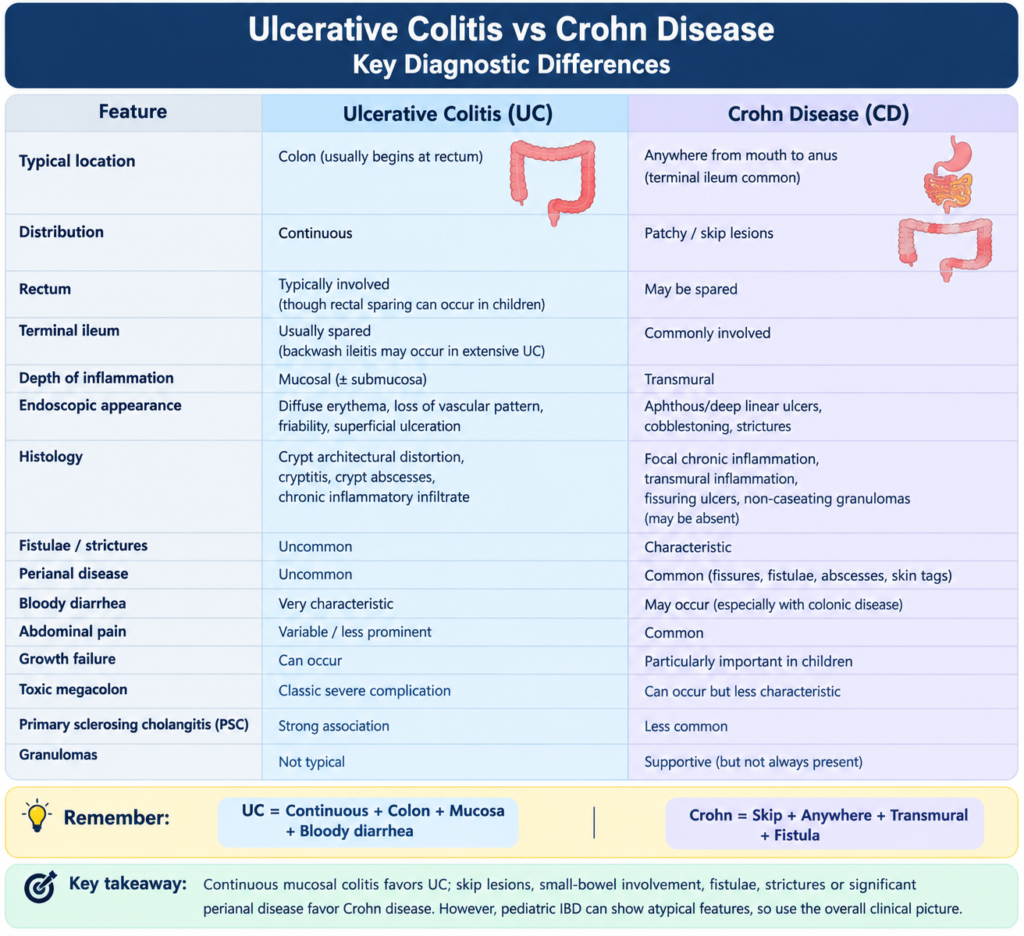 Comparison chart showing key diagnostic differences between Ulcerative Colitis and Crohn Disease features.