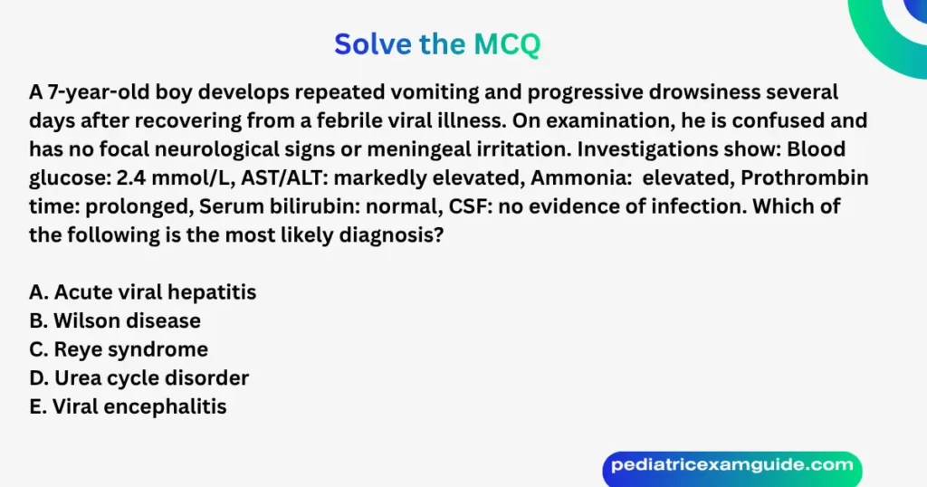 Pediatric board exam multiple-choice question slide evaluating acute metabolic encephalopathies and Reye syndrome diagnostic criteria.