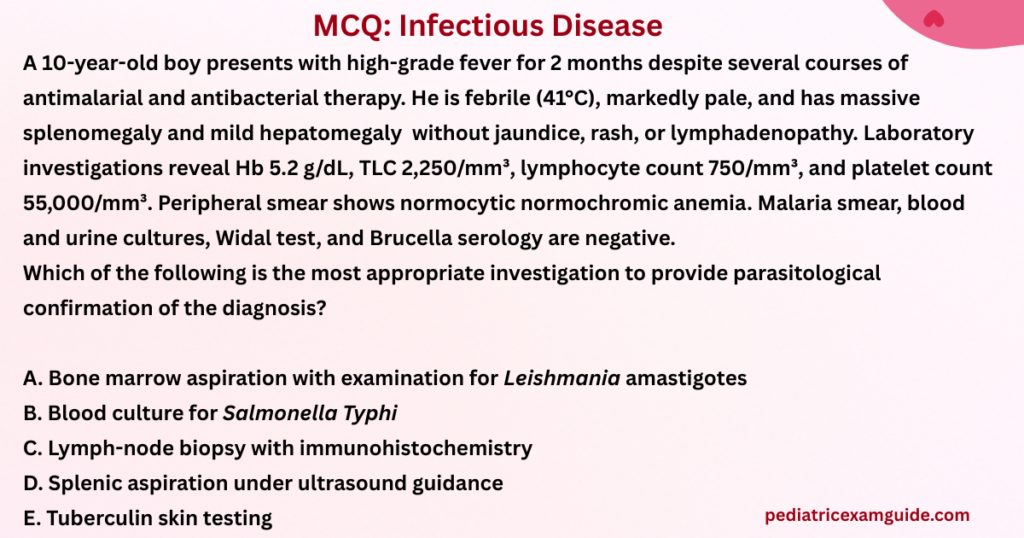 Pediatric board review infographic on Visceral Leishmaniasis diagnosis and bone marrow aspiration guidelines.