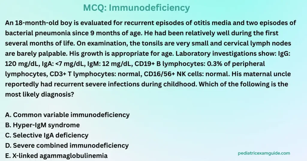 Agammaglobulinemia multiple-choice question card evaluating clinical presentation and flow cytometry profiles for primary B-cell immunodeficiencies.