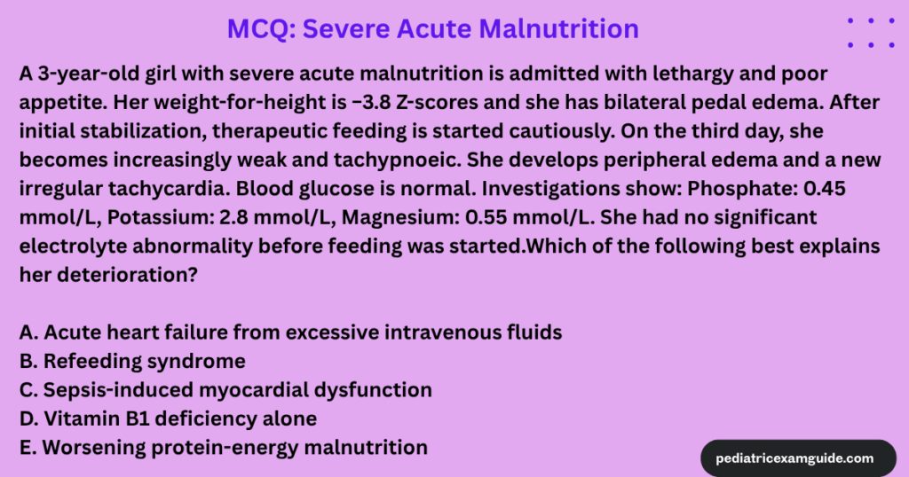 Severe acute malnutrition multiple-choice question card evaluating electrolyte derangements and refeeding syndrome complications for pediatric board exams.