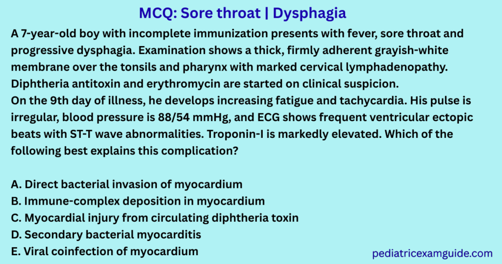 Diphtheria and myocarditis complications featured in a pediatric clinical case MCQ where a child with a pharyngeal pseudomembrane develops severe cardiotoxicity, irregular heart rate, and elevated Troponin-I on day 9 of illness.