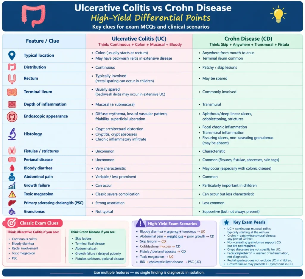 Ulcerative Colitis vs Crohn Disease differential points comparison table for medical board exams.