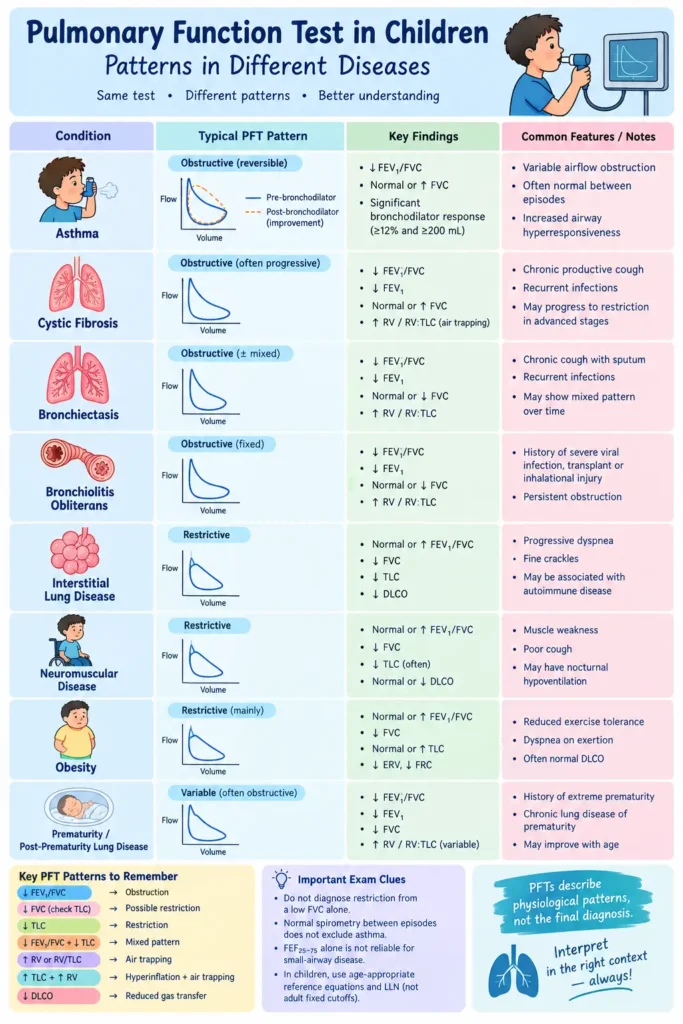 Pulmonary function tests in children: PFT patterns in asthma, cystic fibrosis, bronchiectasis, bronchiolitis obliterans and restrictive lung diseases