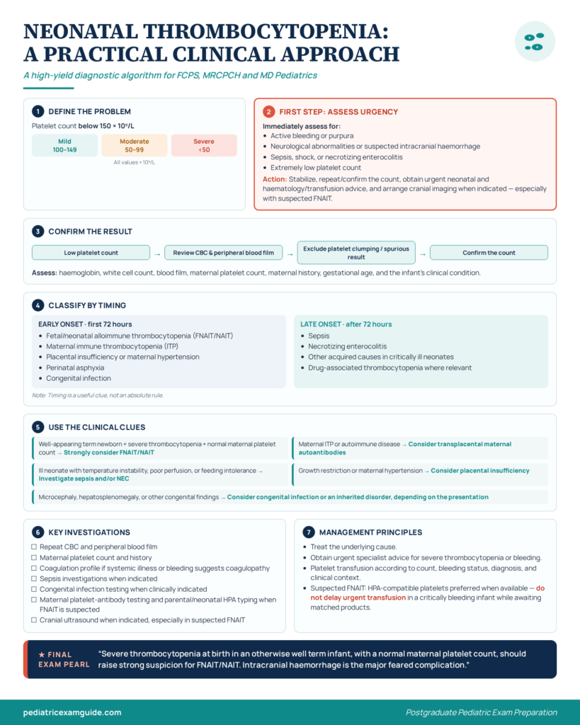 Neonatal thrombocytopenia approach infographic showing causes, early versus late onset, investigations, and clinical management for pediatric postgraduate exams